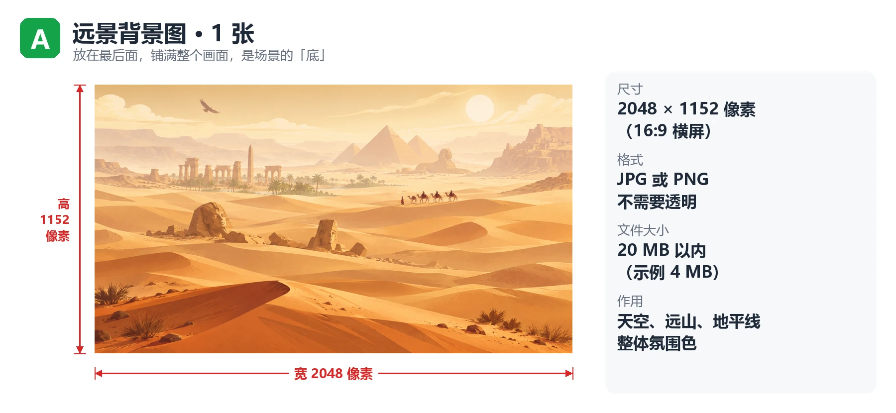 A 远景背景图示例：2048 × 1152 像素的沙漠远景插画，铺满整个画面