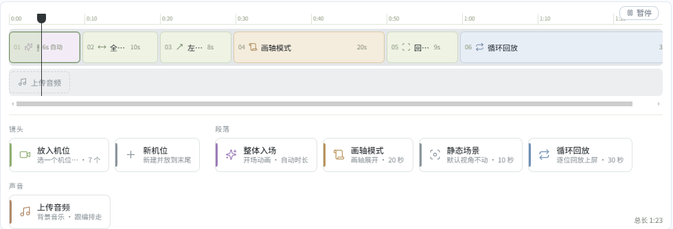 镜头时间轴，依次排着整体入场、机位、画轴模式、循环回放，下方是背景音乐音轨