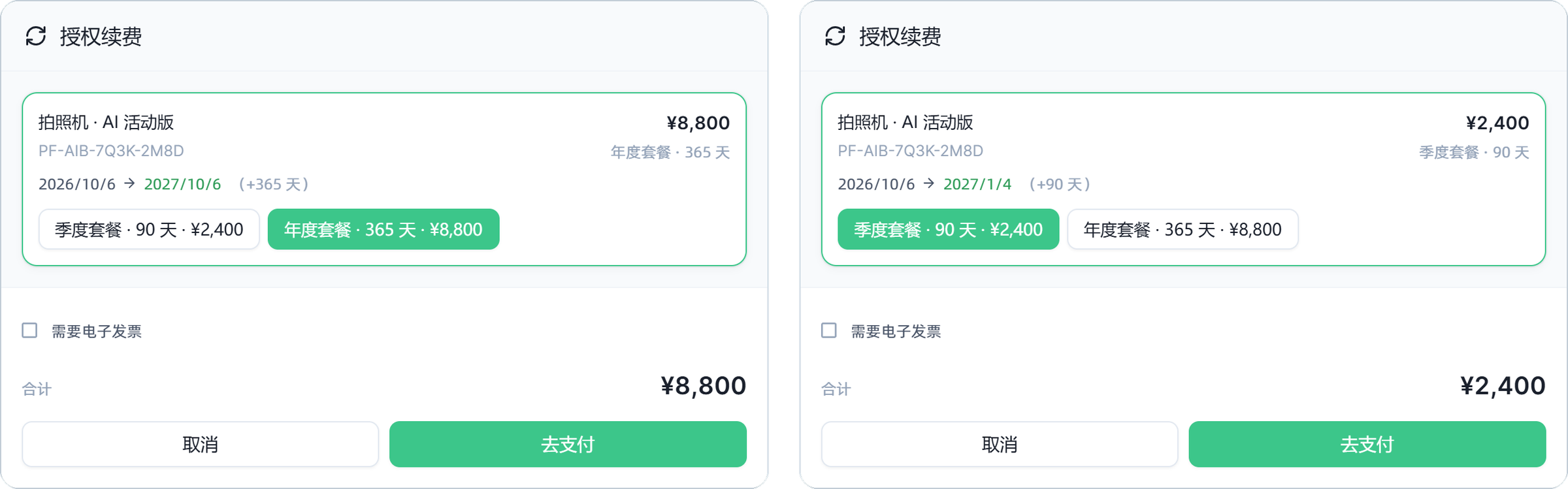 续费对话框：左为年度套餐，到期日延长 365 天；右为季度套餐，延长 90 天，金额同步变化