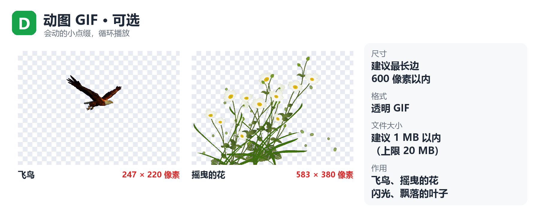 D 动图 GIF 示例：飞鸟 247 × 220、摇曳的花 583 × 380，透明 GIF
